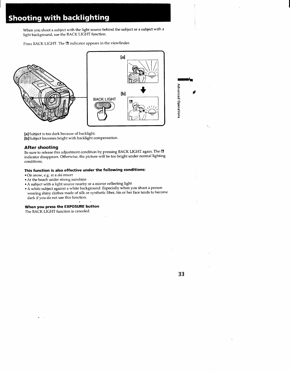 When you press the exposure button, Shooting with backlighting | Sony CCD-TR910 User Manual | Page 33 / 80