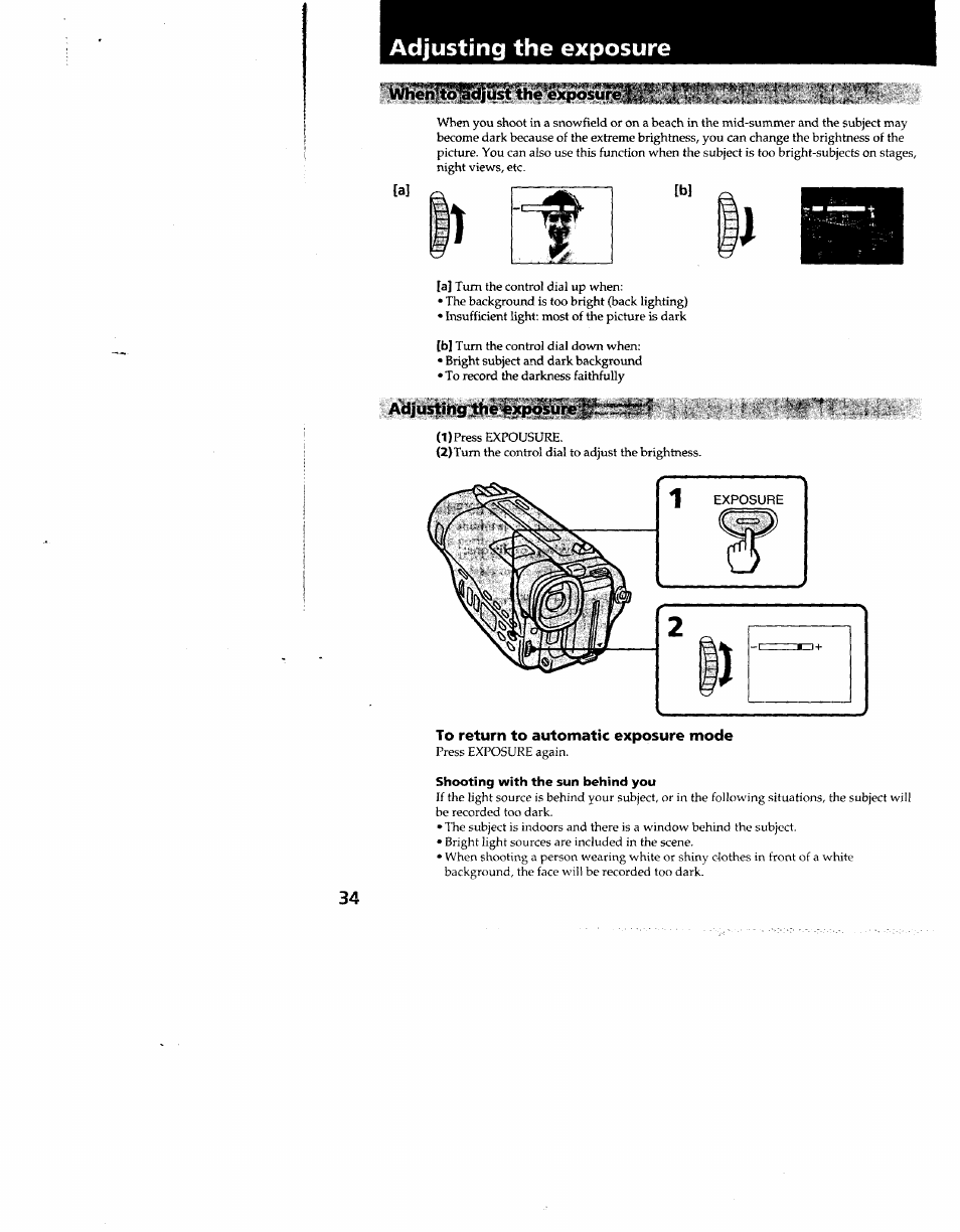 When'to adjust the exposure, Adjustihg’jthe«xpbsure 'v, To return to automatic exposure mode | Shooting with the sun behind you, Adjusting the exposure | Sony CCD-TR910 User Manual | Page 34 / 80