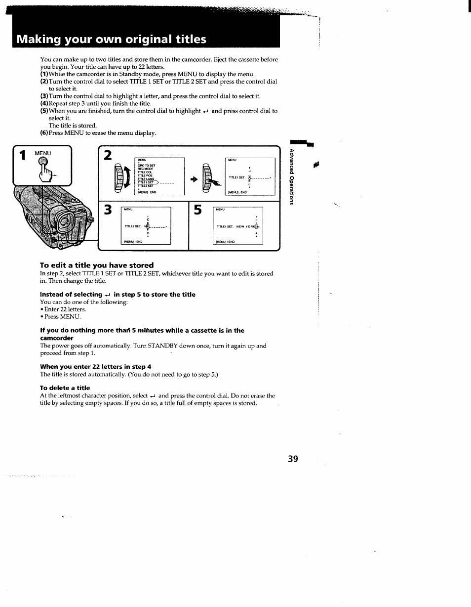 To edit a title you have stored, When you enter 22 letters in step 4, To delete a title | Making your own original titles | Sony CCD-TR910 User Manual | Page 39 / 80