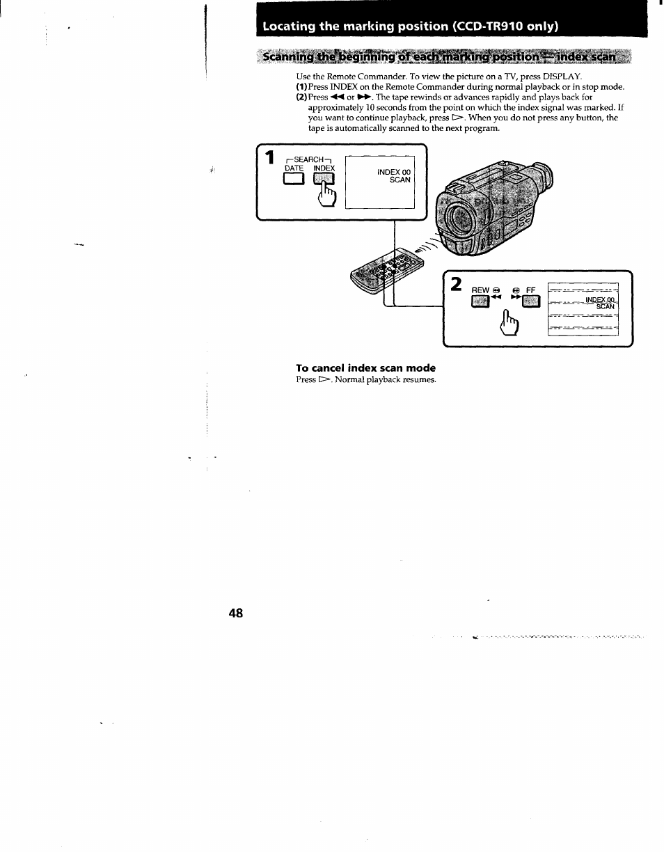 To cancel index scan mode | Sony CCD-TR910 User Manual | Page 48 / 80