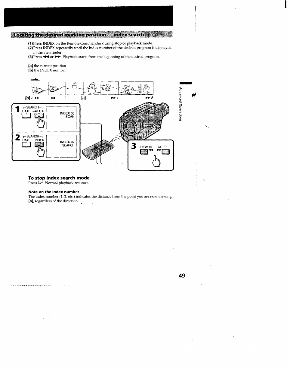 To stop index search mode, Note on the index number | Sony CCD-TR910 User Manual | Page 49 / 80