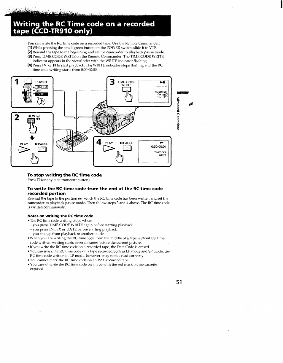 To stop writing the rc time code, Notes on writing the rc time code | Sony CCD-TR910 User Manual | Page 51 / 80