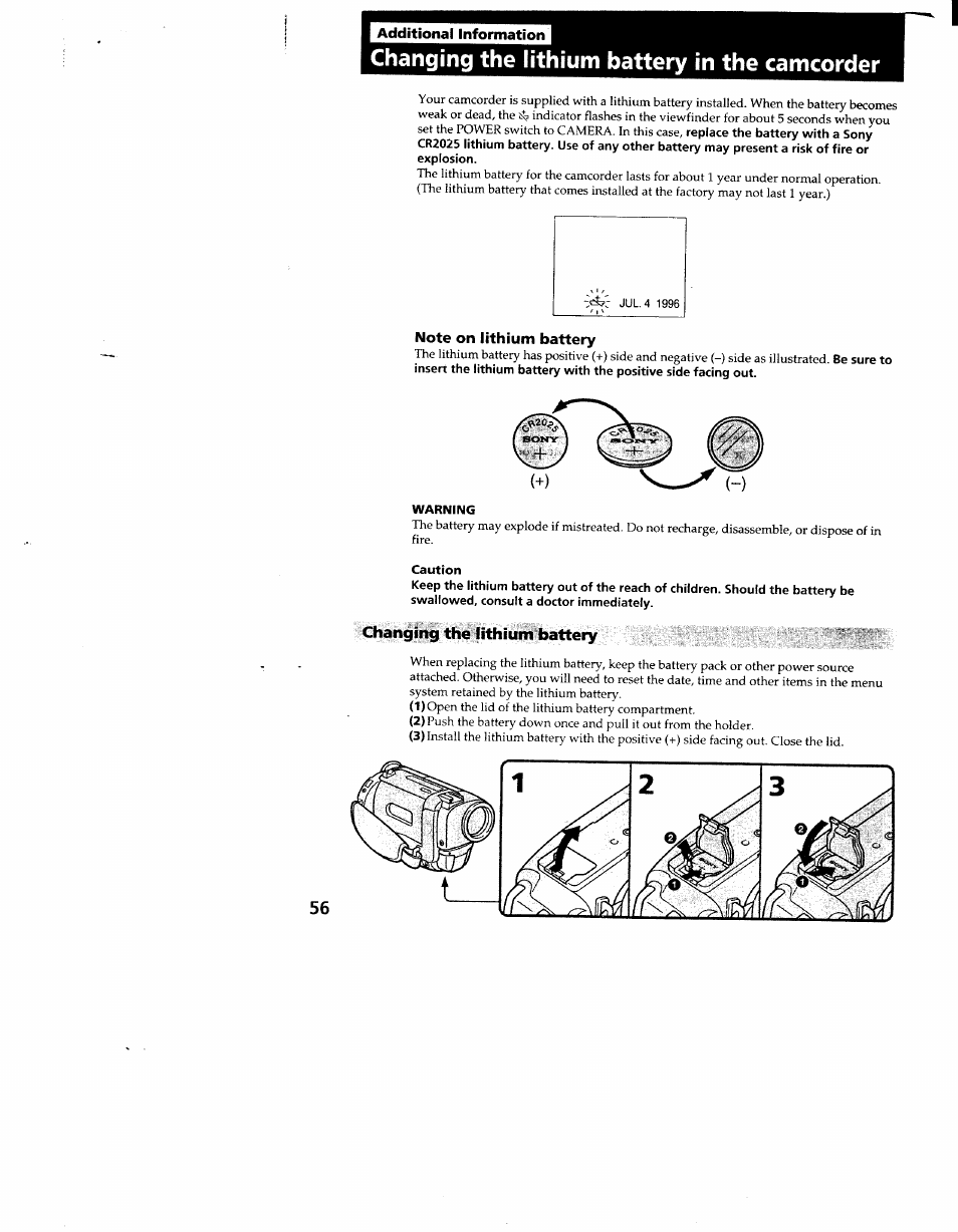 Note on lithium battery, Warning, Caution | Changing the lithium battery, Changing the lithium battery in the camcorder | Sony CCD-TR910 User Manual | Page 56 / 80