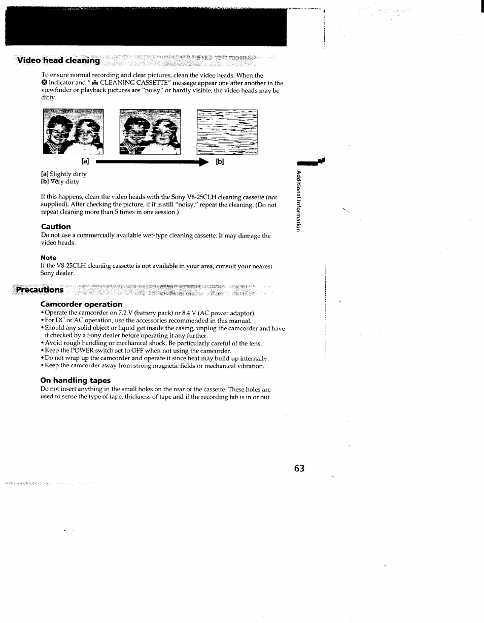 Video head cleaning, Caution, Note | Precautions, Camcorder operation, On handling tapes | Sony CCD-TR910 User Manual | Page 63 / 80