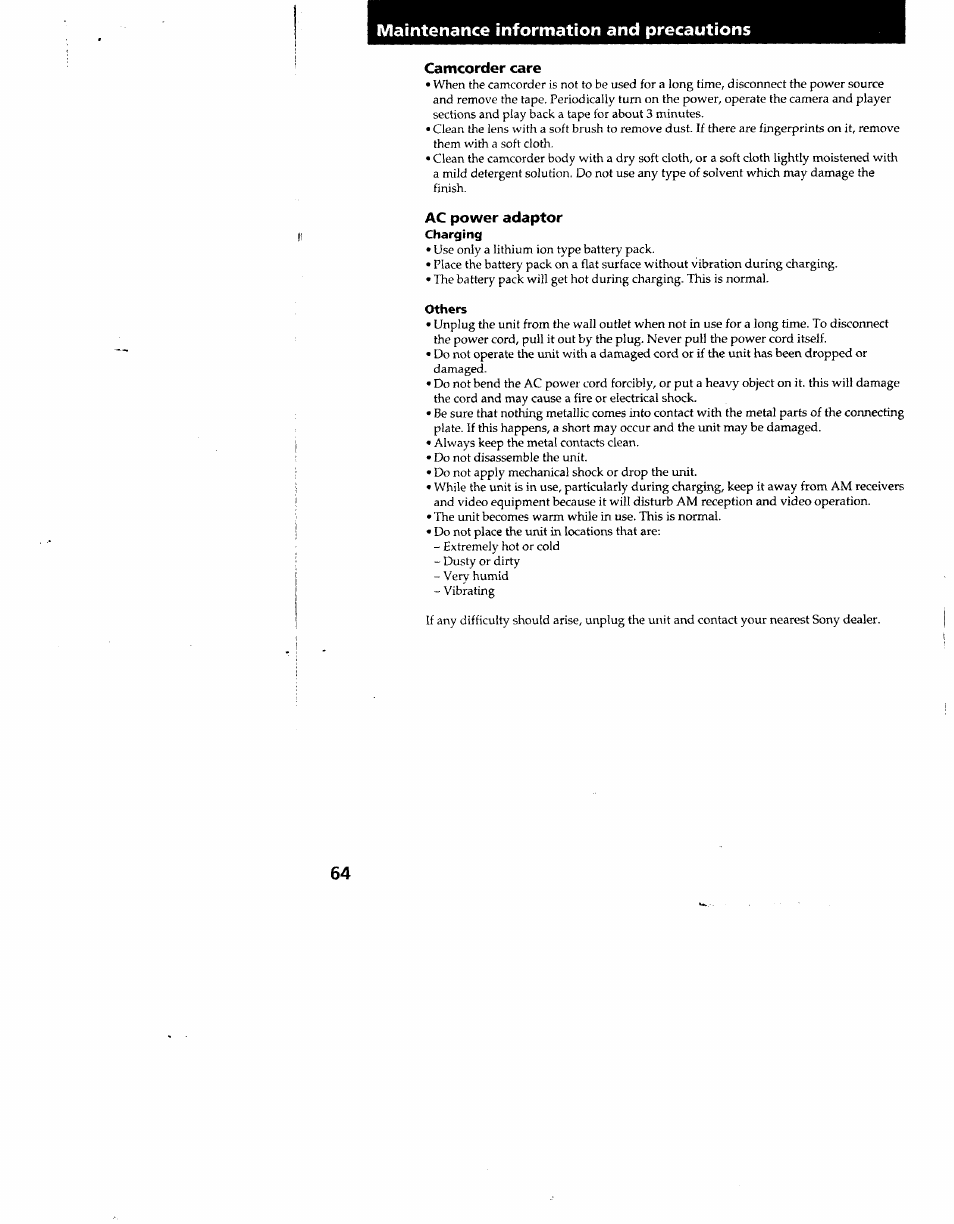 Camcorder care, Ac power adaptor, Others | Maintenance information and precautions | Sony CCD-TR910 User Manual | Page 64 / 80