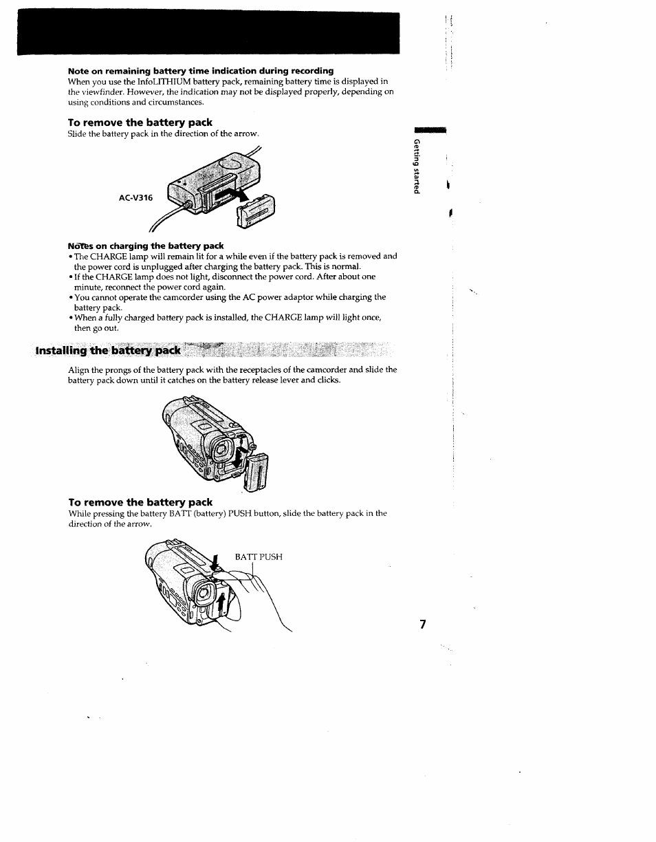 To remove the battery pack, Notes on charging the battery pack, Installing the battery pack | Sony CCD-TR910 User Manual | Page 7 / 80