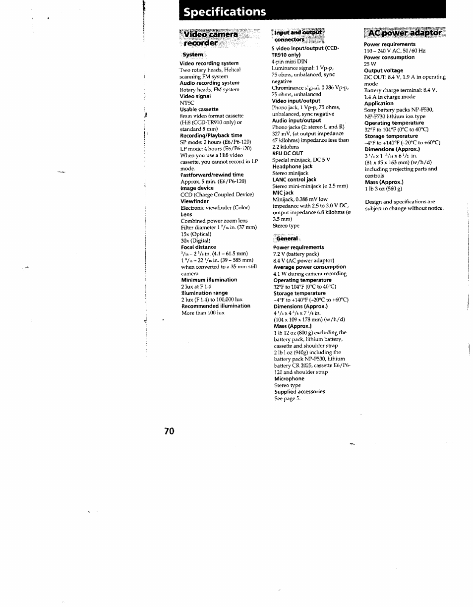 Video camera recorder, System, I input and ’ouljhil • connector | Ac power adaptor, Specifications | Sony CCD-TR910 User Manual | Page 70 / 80