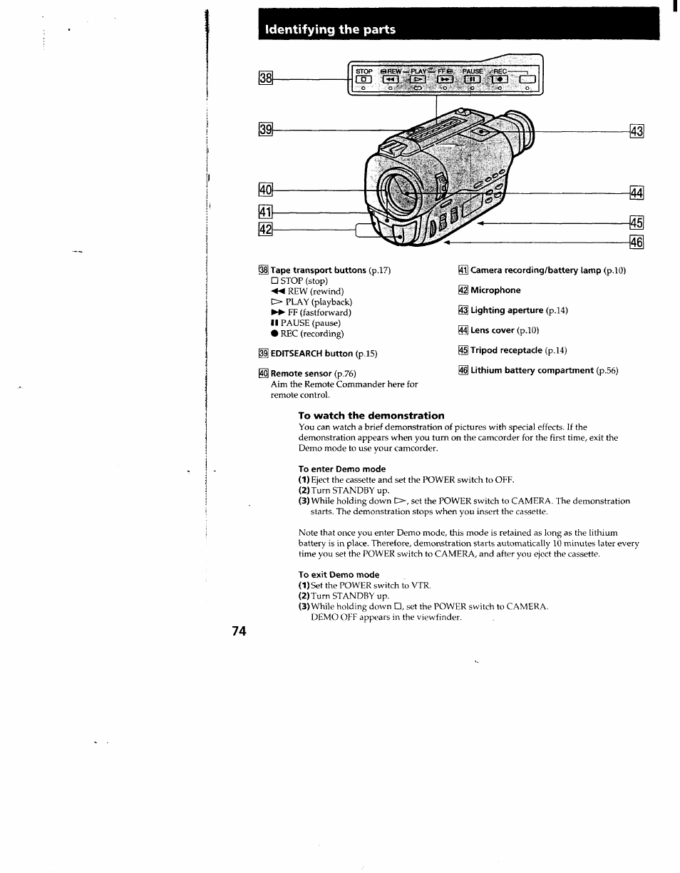 1 tape transport buttons (p.l7), Gì] camera recording/battery lamp (p.lo), Gh microphone | To enter demo mode, To exit demo mode | Sony CCD-TR910 User Manual | Page 74 / 80
