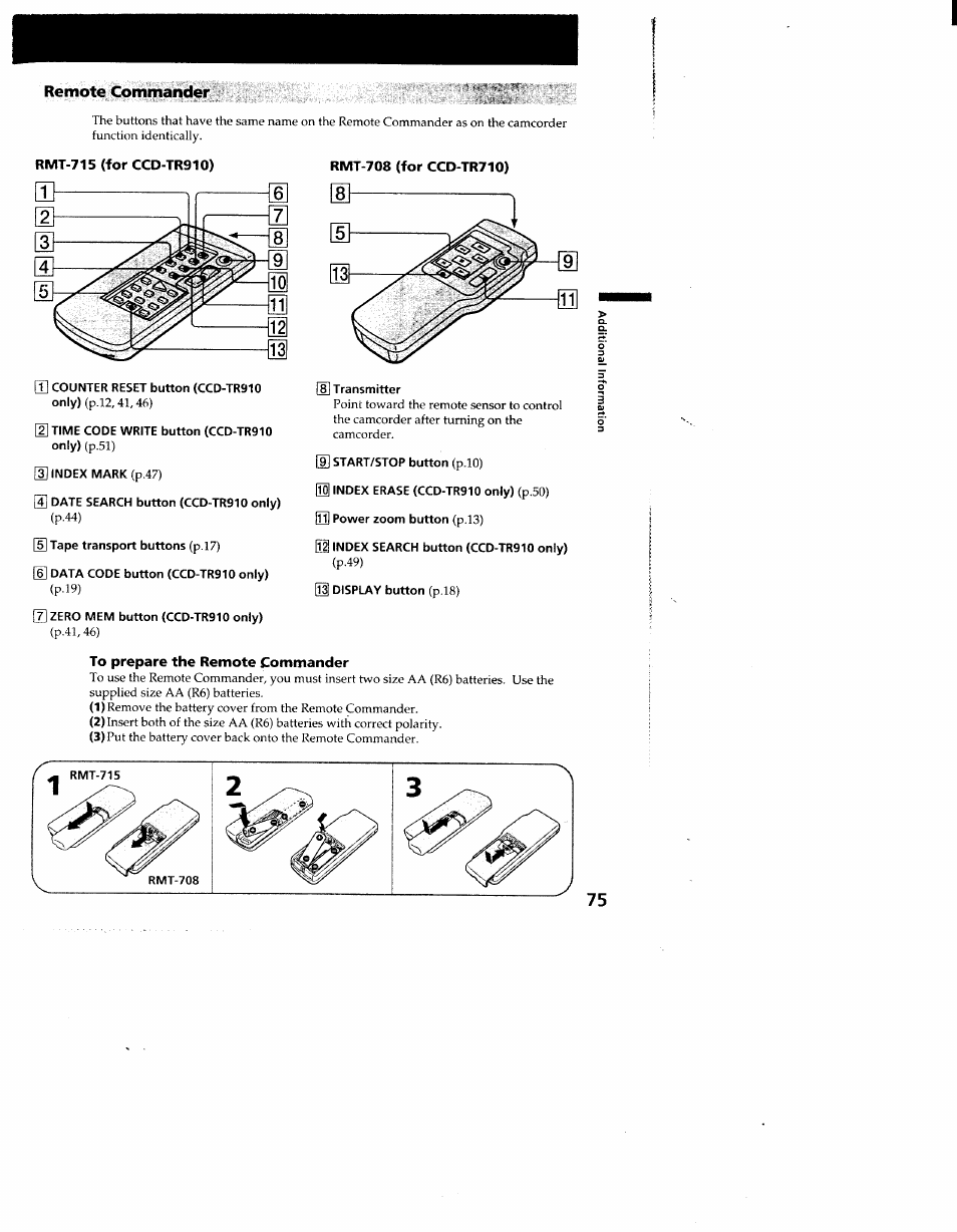 Remote commander, 2] time code write button (ccd-tr910 only) (p.51), Tape transport buttons (p.l7) | Sony CCD-TR910 User Manual | Page 75 / 80