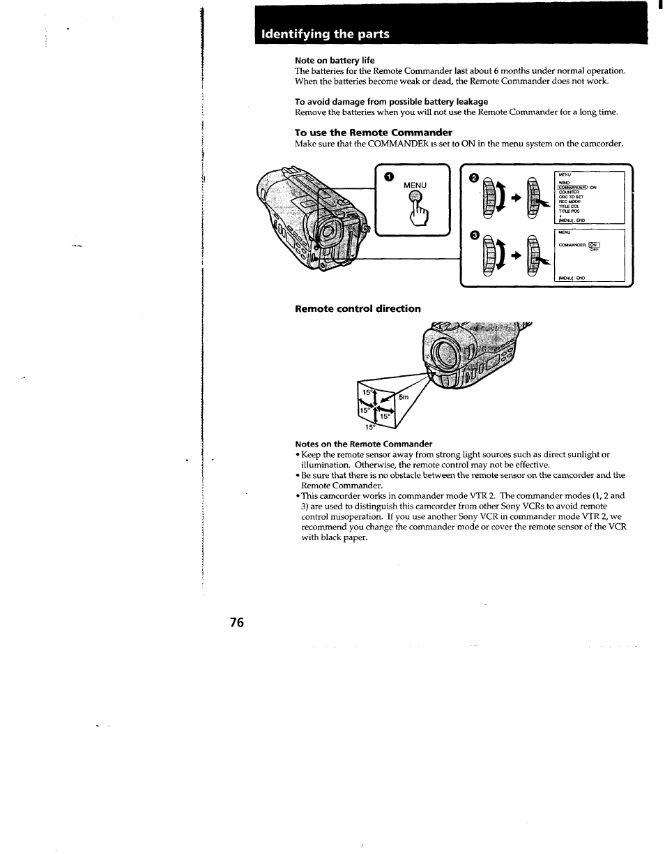 Note on battery life, To avoid damage from possible battery leakage, Notes on the remote commander | Sony CCD-TR910 User Manual | Page 76 / 80