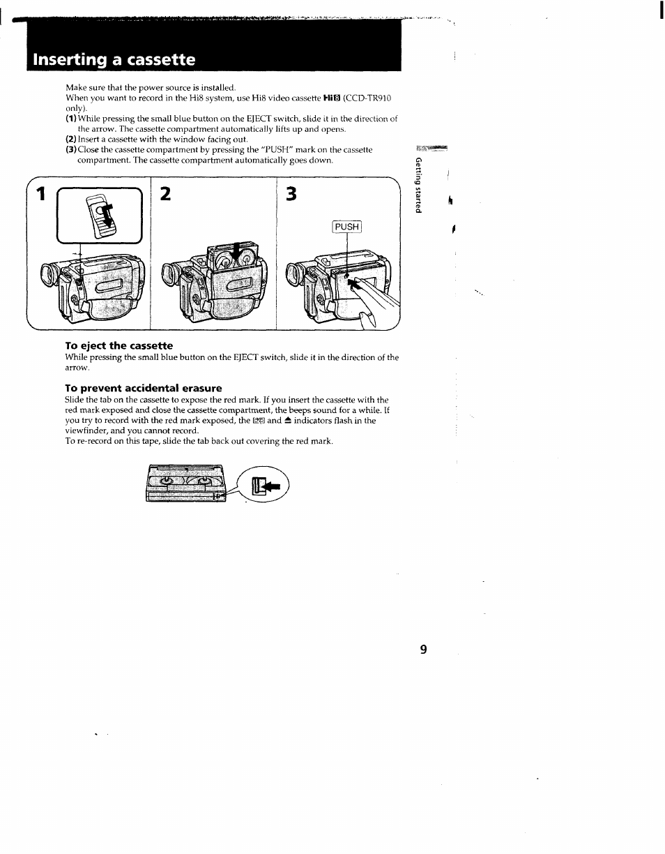 To eject the cassette, To prevent accidental erasure, Inserting a cassette | Sony CCD-TR910 User Manual | Page 9 / 80