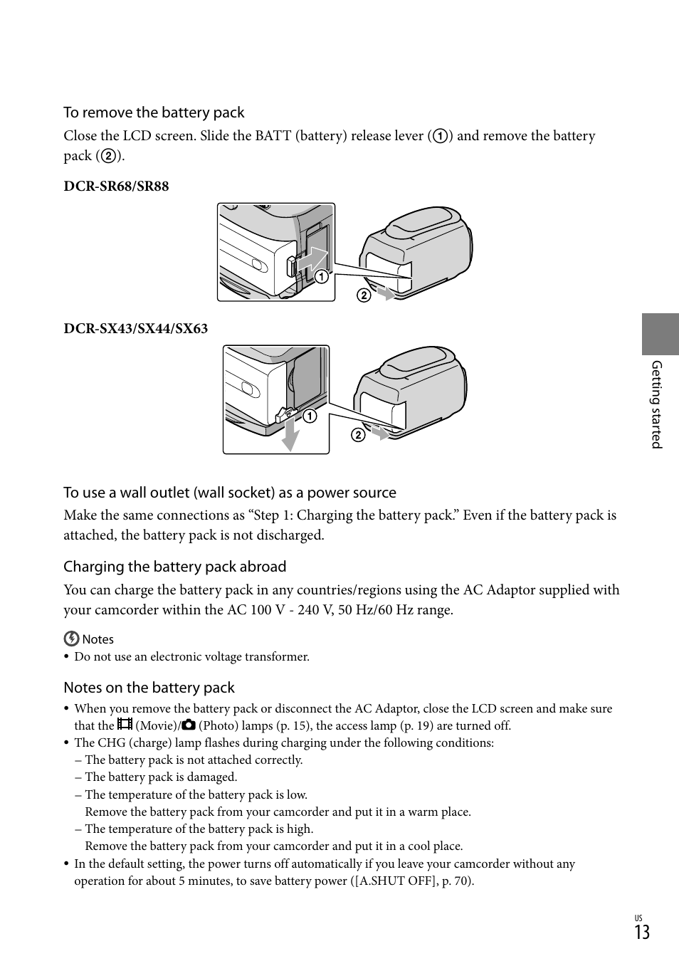 Charging the battery pack abroad | Sony DCR-SR88 User Manual | Page 13 / 98