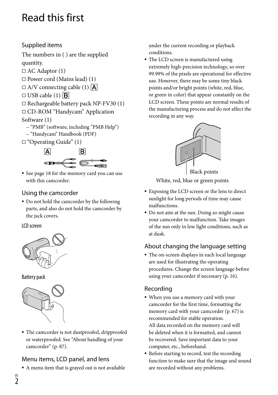 Read this first, Supplied items, Using the camcorder | Menu items, lcd panel, and lens, About changing the language setting, Recording | Sony DCR-SR88 User Manual | Page 2 / 98