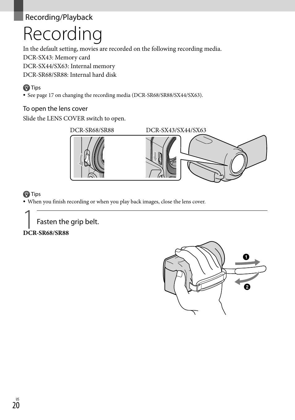 Recording/playback, Recording | Sony DCR-SR88 User Manual | Page 20 / 98