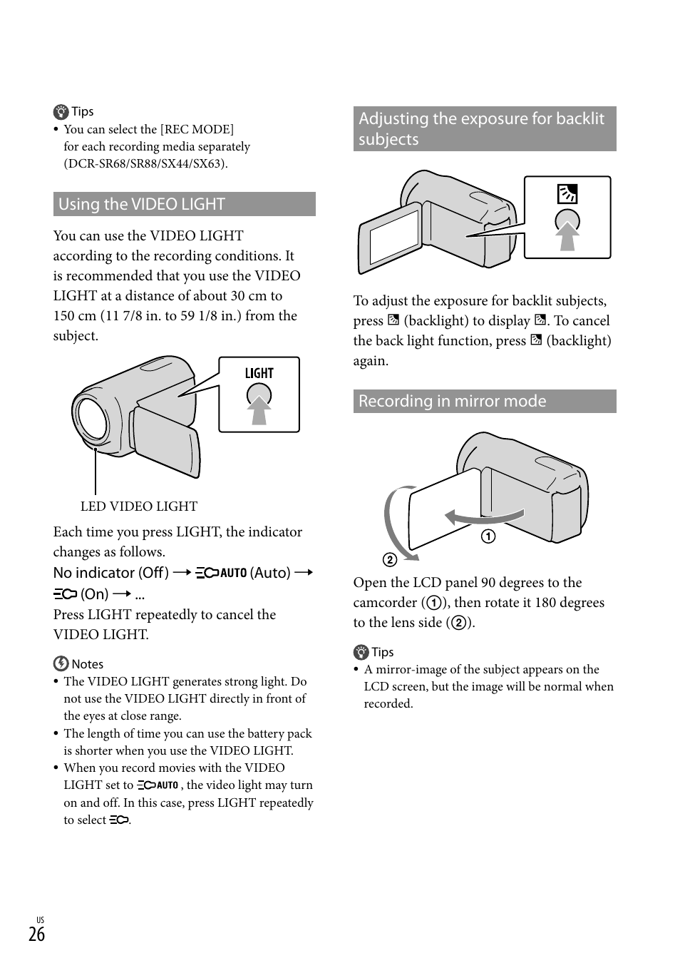 Using the video light, Adjusting the exposure for backlit subjects, Recording in mirror mode | Ght (26) | Sony DCR-SR88 User Manual | Page 26 / 98