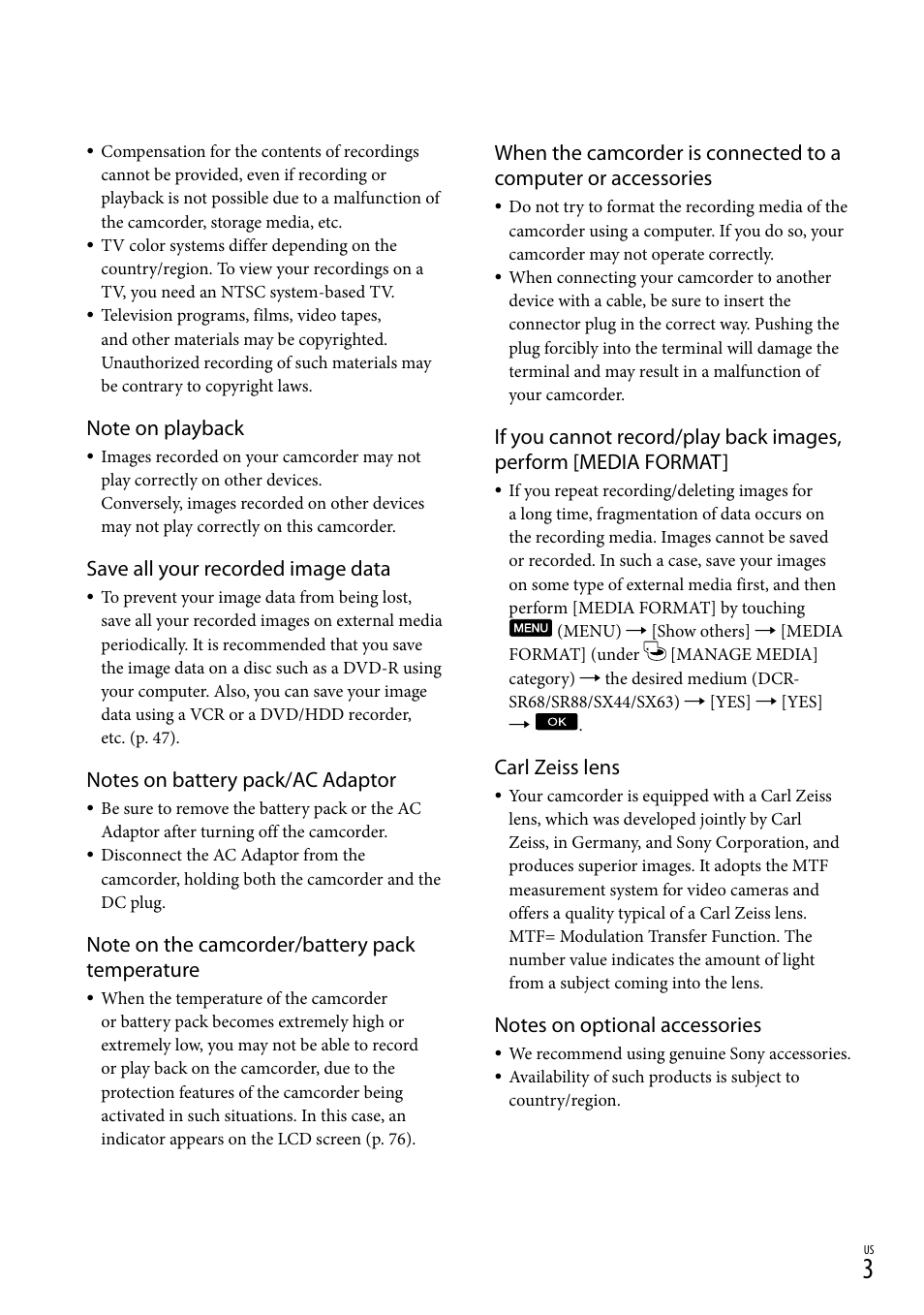 Save all your recorded image data, Carl zeiss lens | Sony DCR-SR88 User Manual | Page 3 / 98