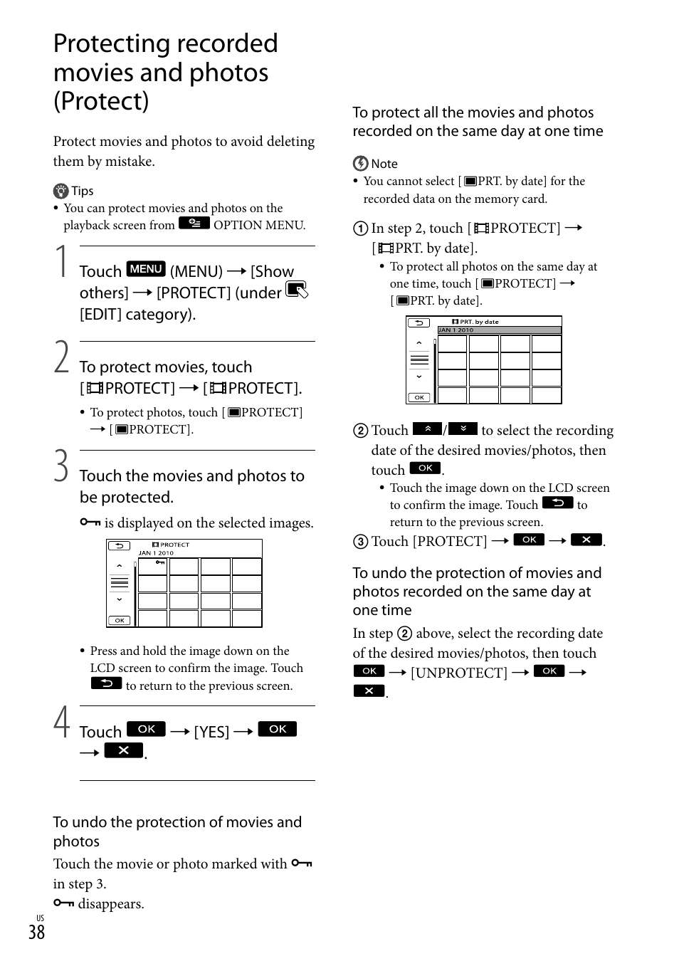 Protecting recorded movies and photos (protect) | Sony DCR-SR88 User Manual | Page 38 / 98