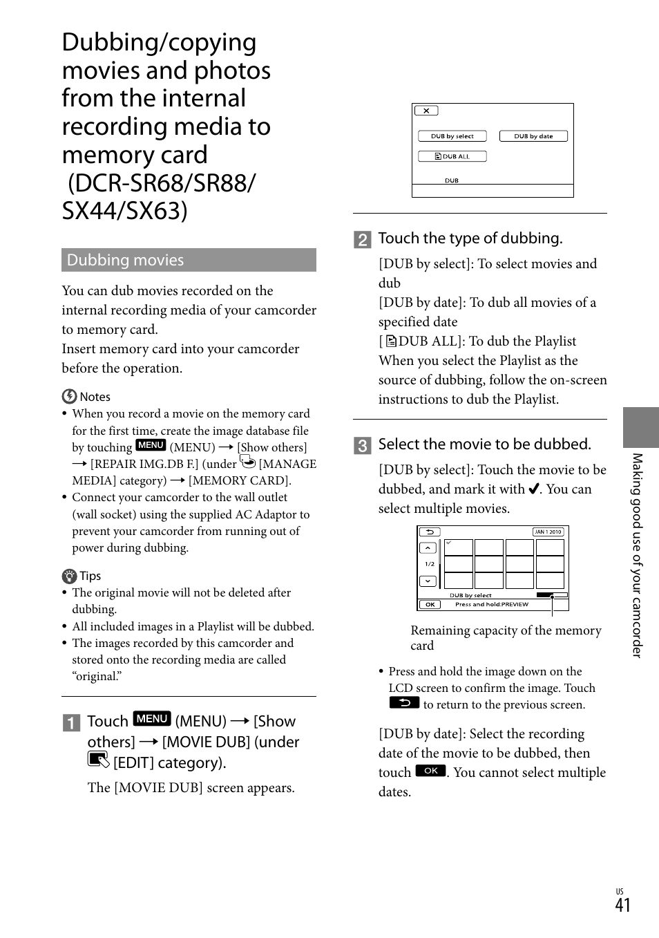 Dubbing movies | Sony DCR-SR88 User Manual | Page 41 / 98