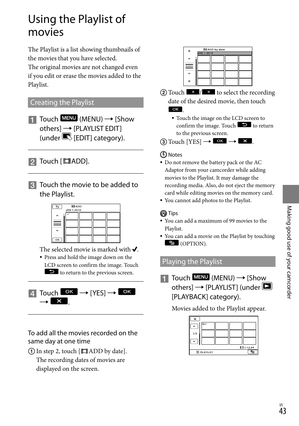 Using the playlist of movies, Creating the playlist, Playing the playlist | Creating the playlist playing the playlist | Sony DCR-SR88 User Manual | Page 43 / 98