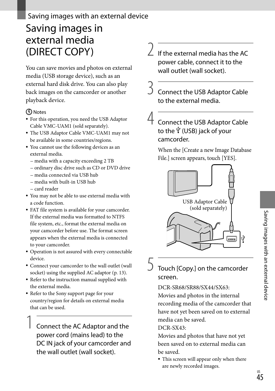 Saving images with an external device, Saving images in external media (direct copy) | Sony DCR-SR88 User Manual | Page 45 / 98