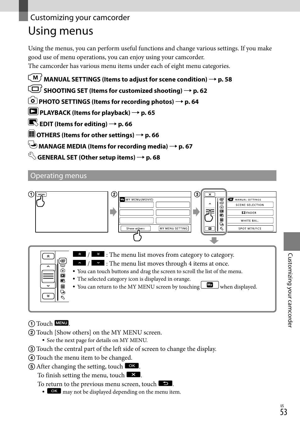 Customizing your camcorder, Using menus, Operating menus | Sony DCR-SR88 User Manual | Page 53 / 98