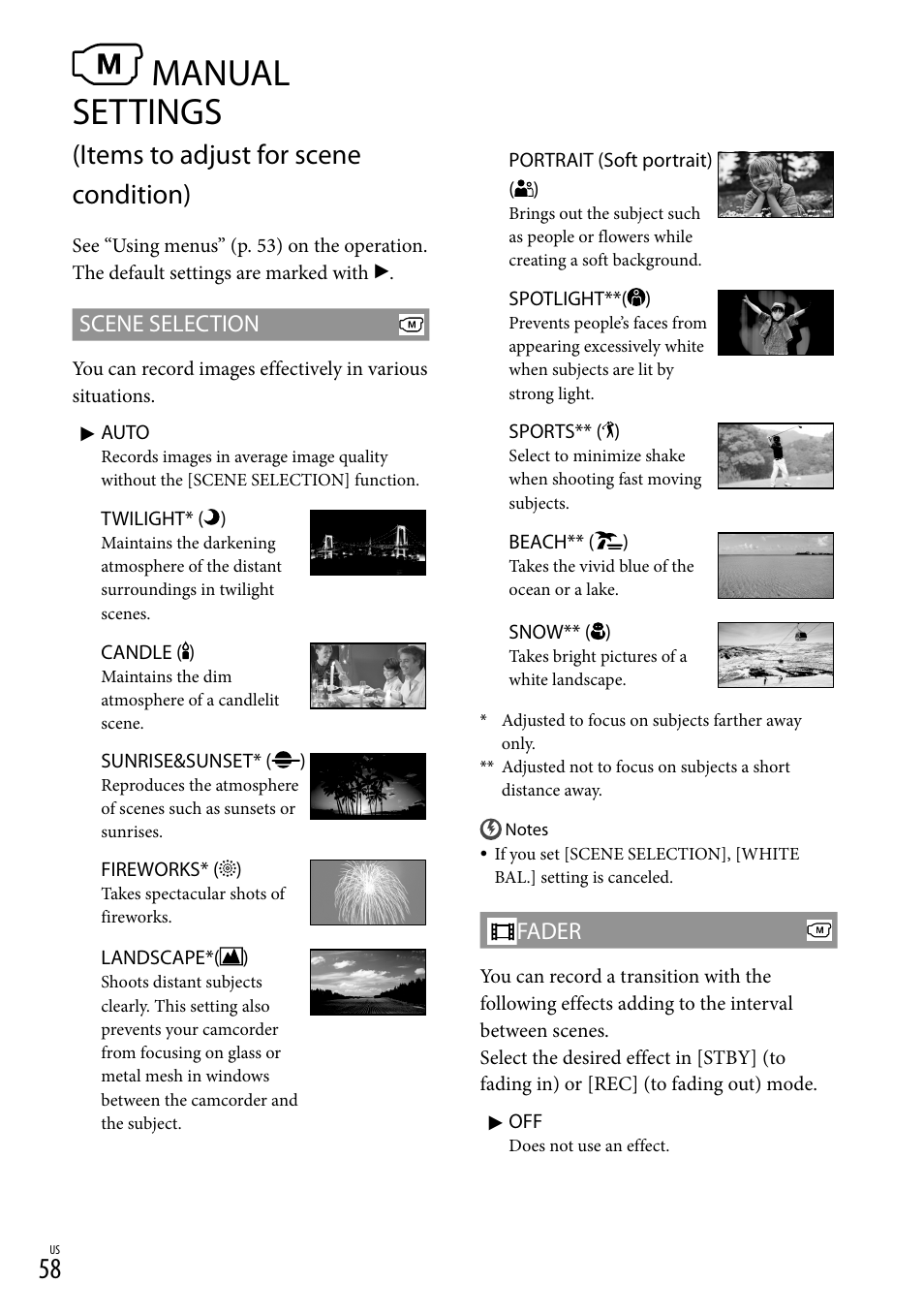 Ait (58), Rks (58), T (58) | S (58), Manual settings, Items to adjust for scene condition), Scene selection, Fader | Sony DCR-SR88 User Manual | Page 58 / 98