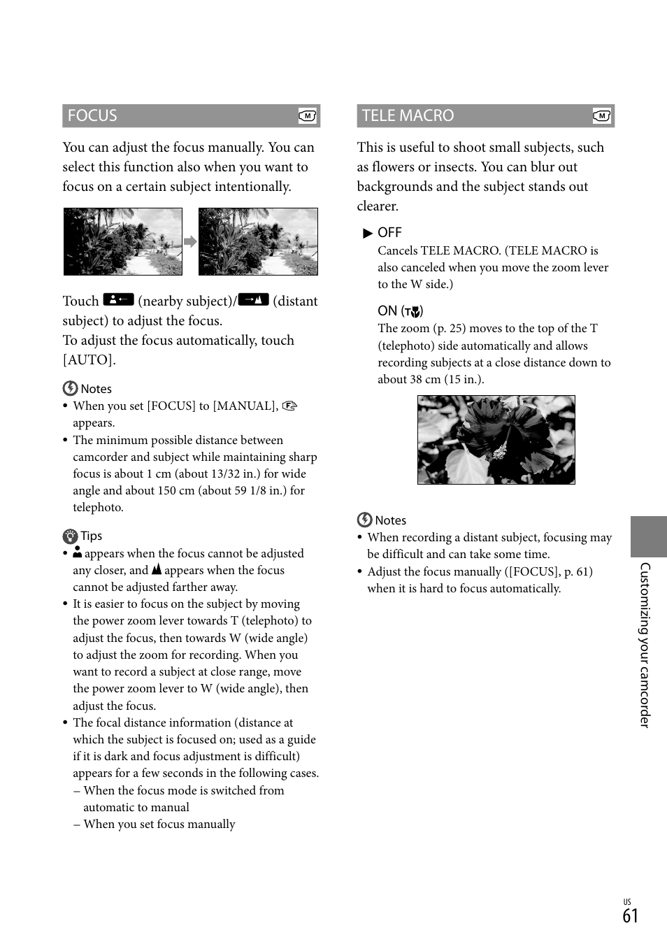 O (61), Focus, Tele macro | Sony DCR-SR88 User Manual | Page 61 / 98