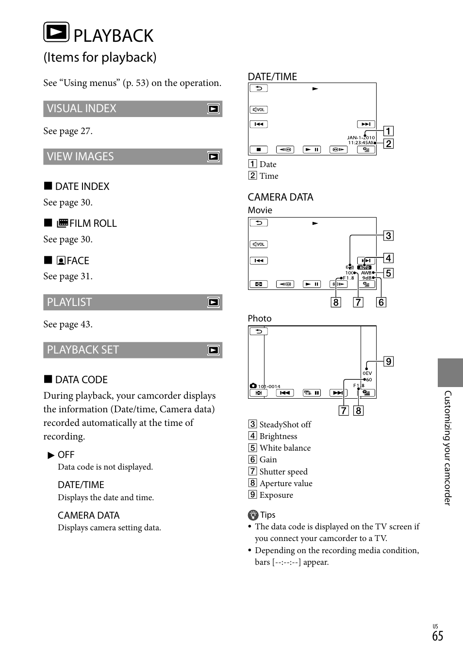 Playback (items for playback), Playback, Items for playback) | Visual index, View images, Playlist, Playback set | Sony DCR-SR88 User Manual | Page 65 / 98