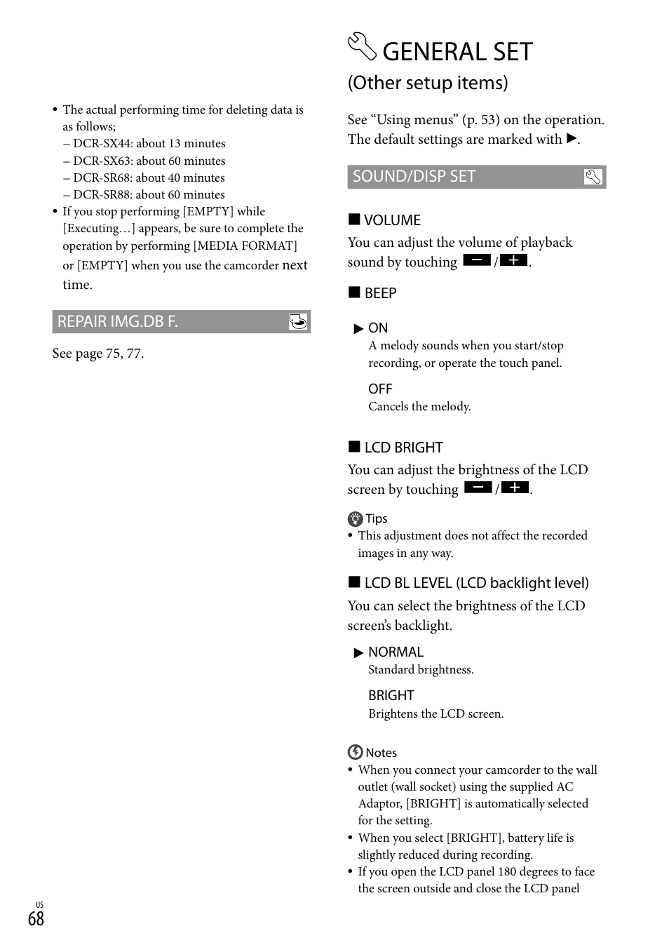 General set (other setup items), General set, Other setup items) | Repair img.db f, Sound/disp set | Sony DCR-SR88 User Manual | Page 68 / 98