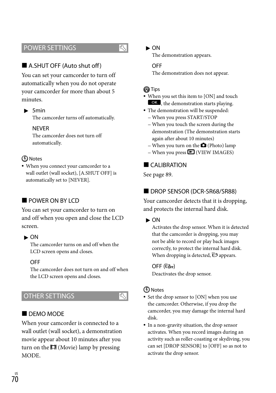 70). w, Power settings, Other settings | Sony DCR-SR88 User Manual | Page 70 / 98