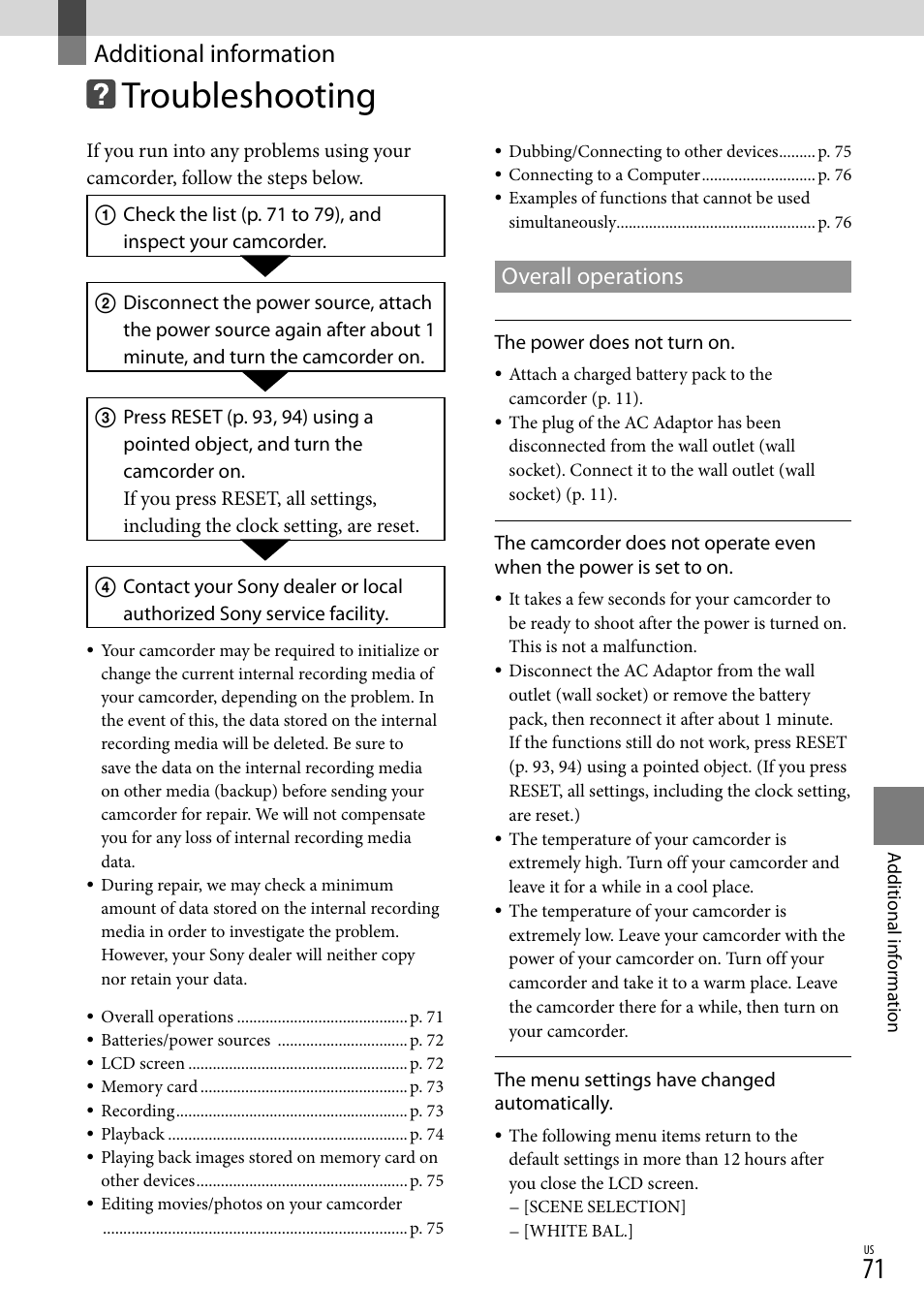 Additional information, Troubleshooting, Overall operations | Sony DCR-SR88 User Manual | Page 71 / 98