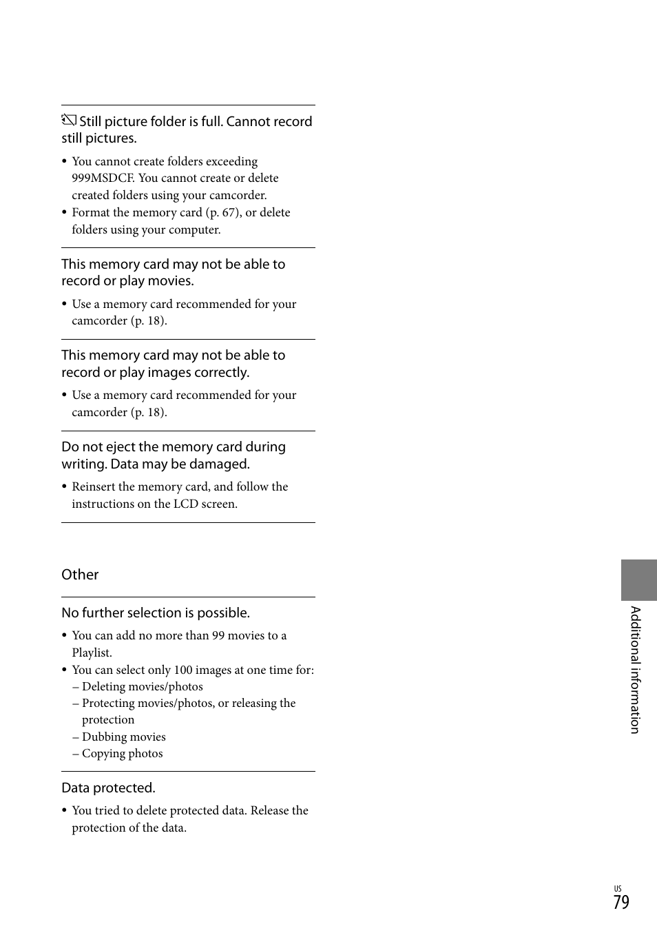 O 79), and, Other | Sony DCR-SR88 User Manual | Page 79 / 98