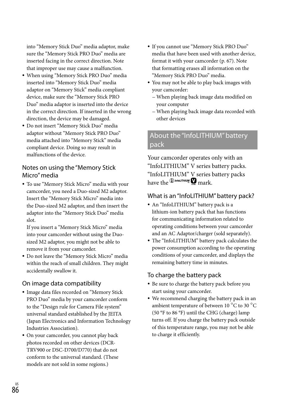 About the “infolithium” battery pack, On image data compatibility, What is an “infolithium” battery pack | Sony DCR-SR88 User Manual | Page 86 / 98