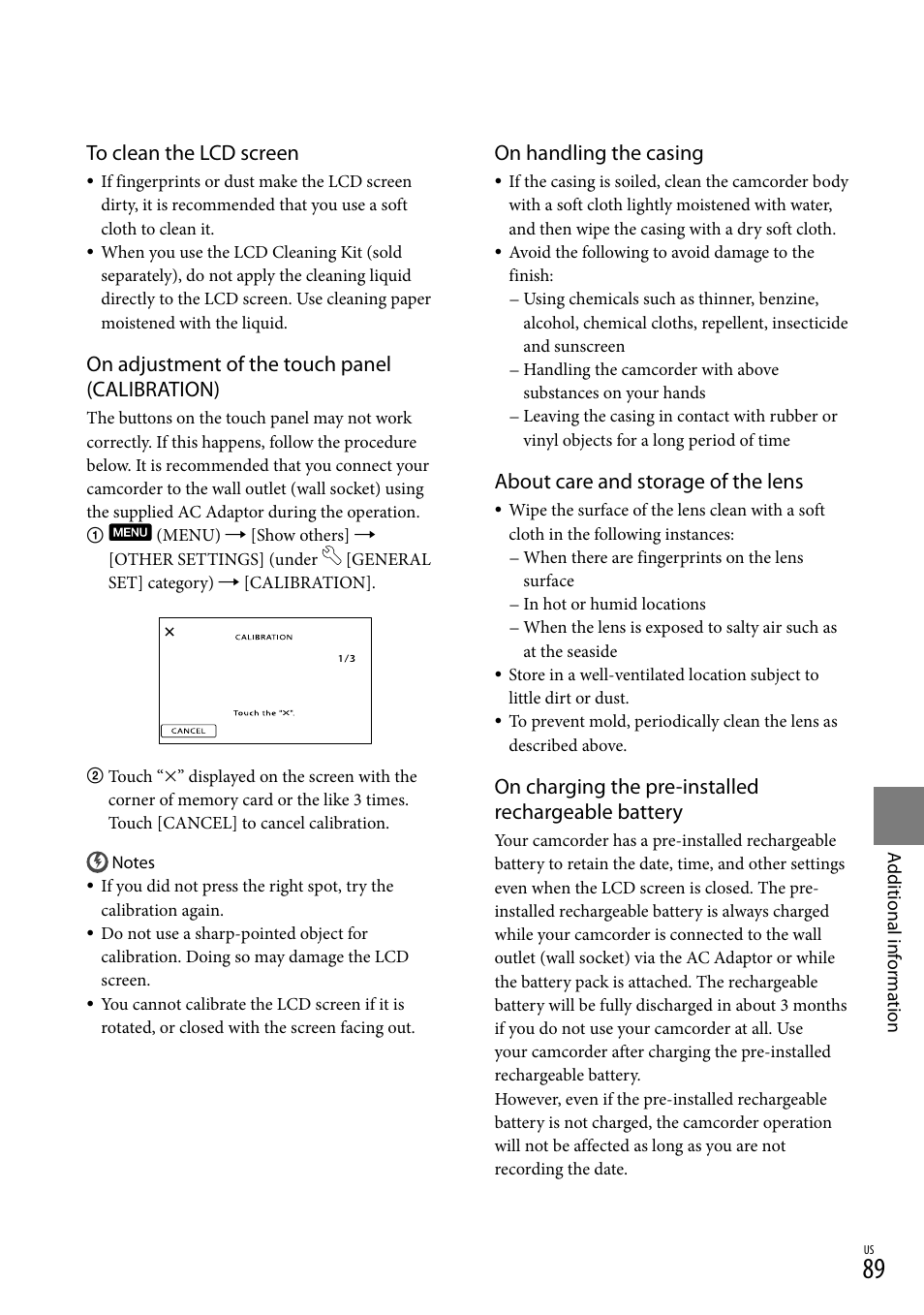 On adjustment of the touch panel (calibration), On handling the casing, About care and storage of the lens | On charging the pre-installed rechargeable battery | Sony DCR-SR88 User Manual | Page 89 / 98