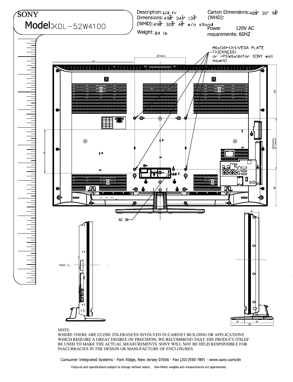 Power, Weight: 84 ib, Model | Sony KDL-52W4100 User Manual | Page 2 / 3