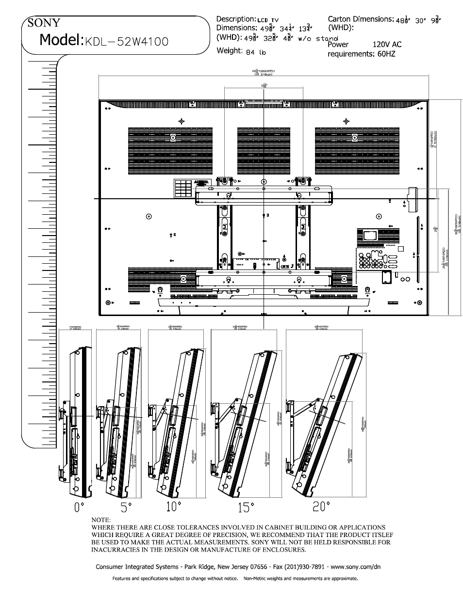 Power, Weight: s4 lb, Model:kdl | Sony KDL-52W4100 User Manual | Page 3 / 3