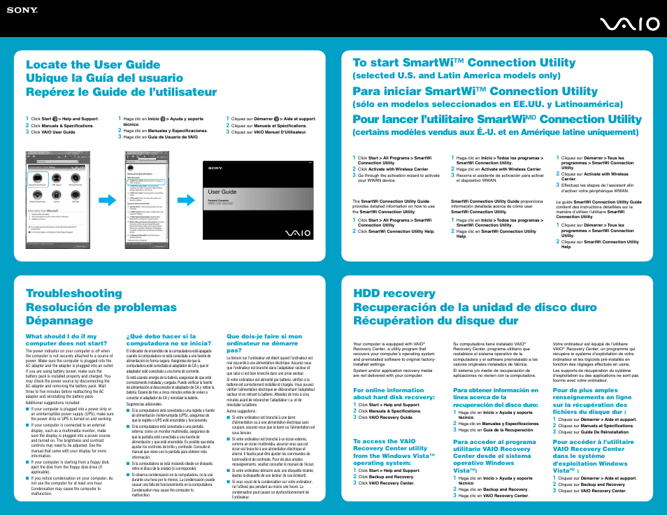 Para iniciar smartwi™ connection utility, Pour lancer l’utilitaire smartwi, Connection utility | Selected u.s. and latin america models only) | Sony VGN-C210E User Manual | Page 2 / 2