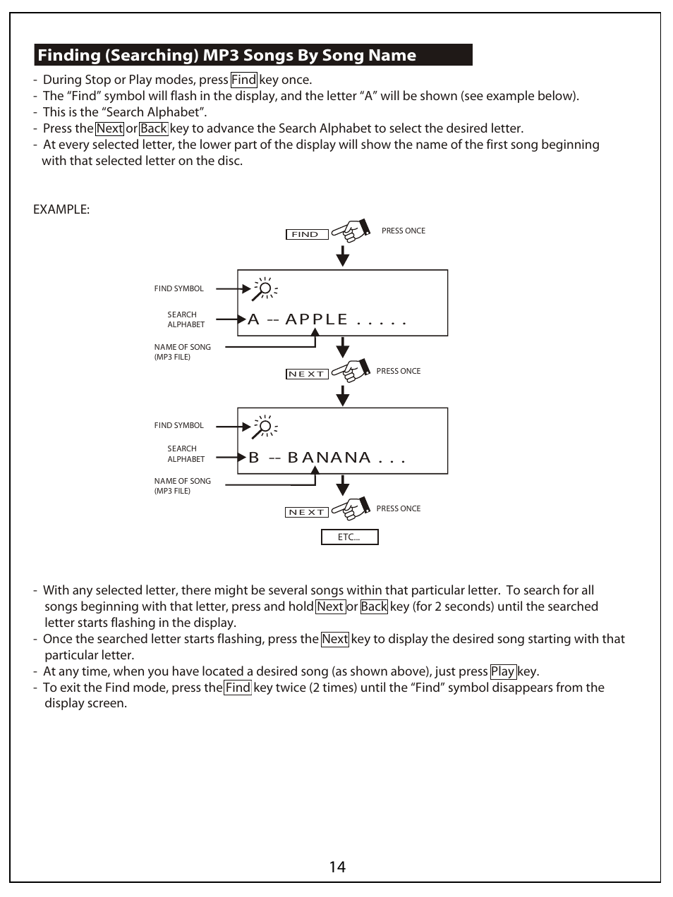 Finding (searching) mp3 songs by song name, A -- ap p l e, B -- b anana | AUVI Technologies HI-FI VERTICAL CD/MP3 SHELF SYSTEM MSW1150 User Manual | Page 15 / 23