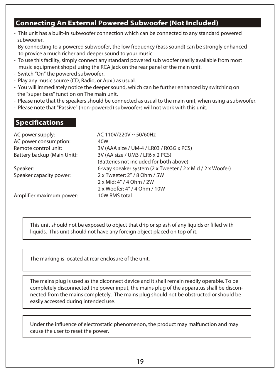 AUVI Technologies HI-FI VERTICAL CD/MP3 SHELF SYSTEM MSW1150 User Manual | Page 20 / 23