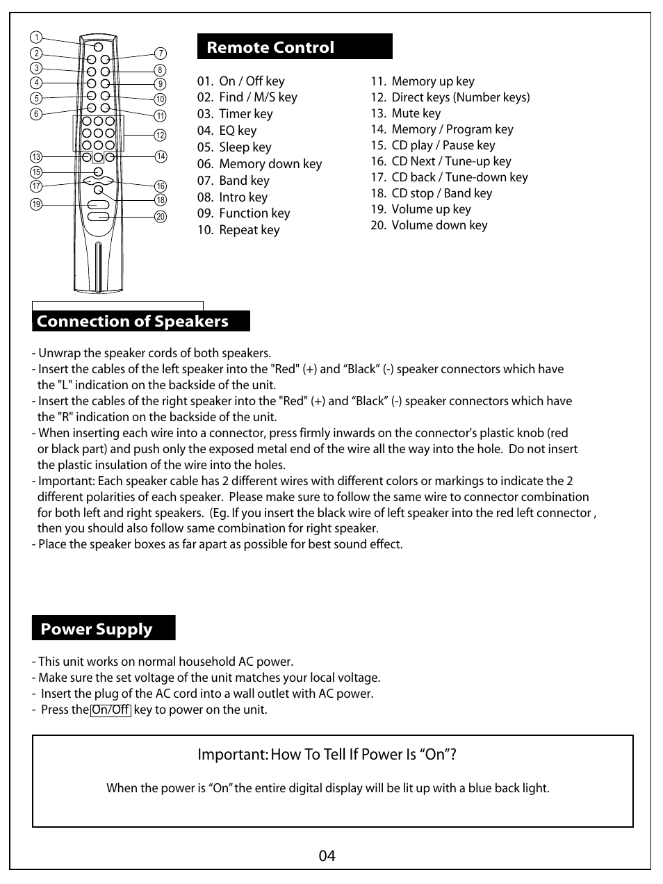 Connection of speakers, Power supply remote control, Important: how to tell if power is “on | AUVI Technologies HI-FI VERTICAL CD/MP3 SHELF SYSTEM MSW1150 User Manual | Page 5 / 23