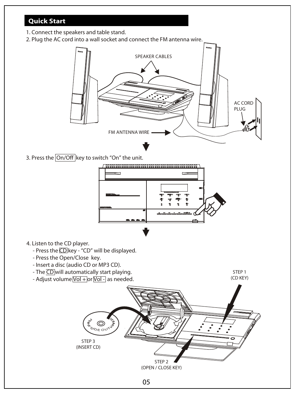 Quick start, Volume | AUVI Technologies HI-FI VERTICAL CD/MP3 SHELF SYSTEM MSW1150 User Manual | Page 6 / 23