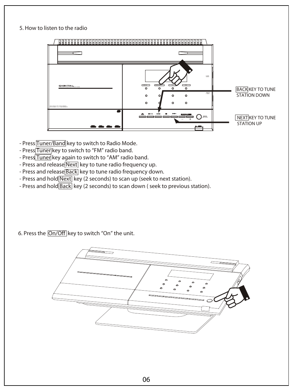 Press the on/off key to switch “on” the unit, Digital tuning digital tuning | AUVI Technologies HI-FI VERTICAL CD/MP3 SHELF SYSTEM MSW1150 User Manual | Page 7 / 23