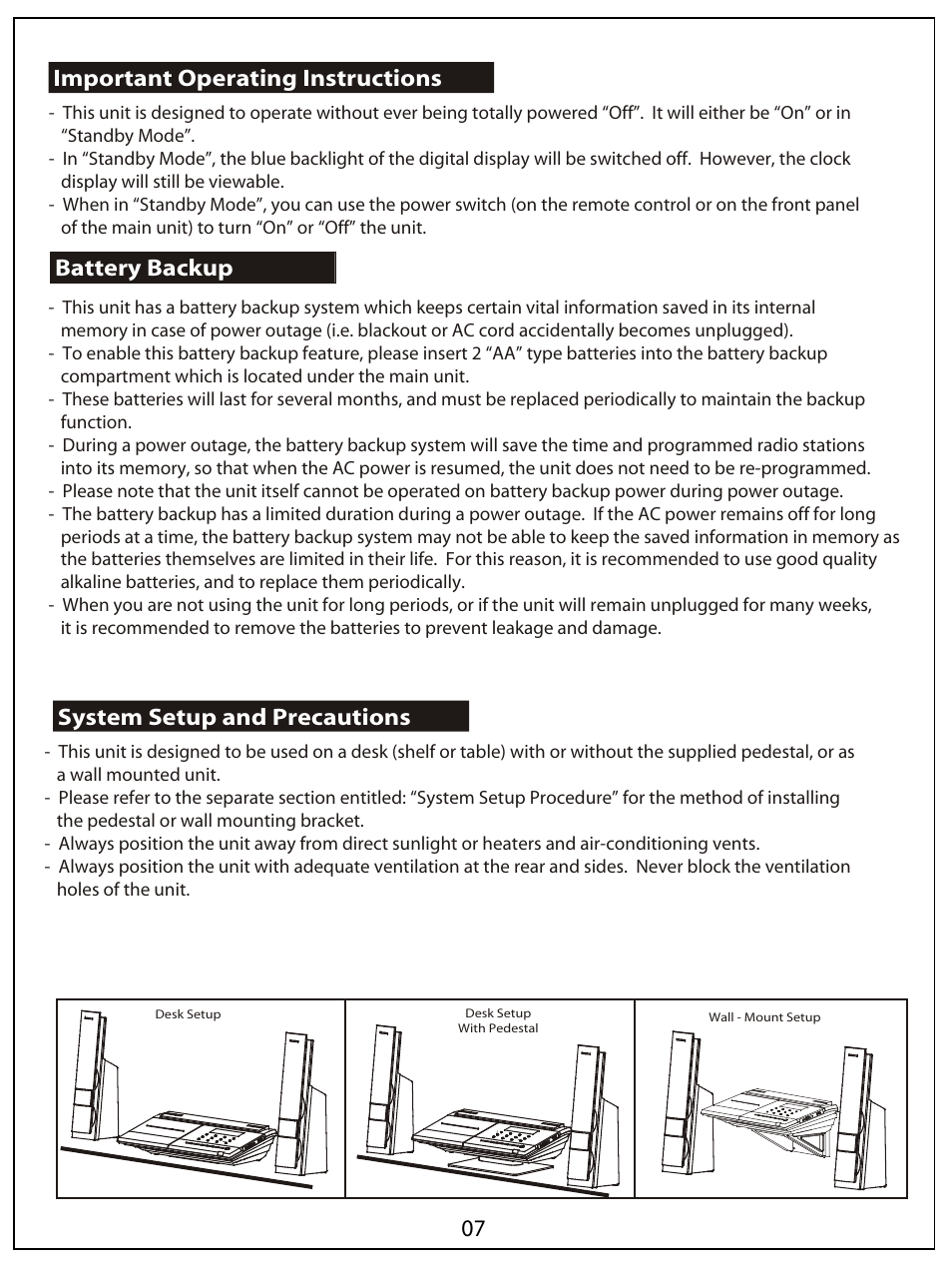 Battery backup | AUVI Technologies HI-FI VERTICAL CD/MP3 SHELF SYSTEM MSW1150 User Manual | Page 8 / 23