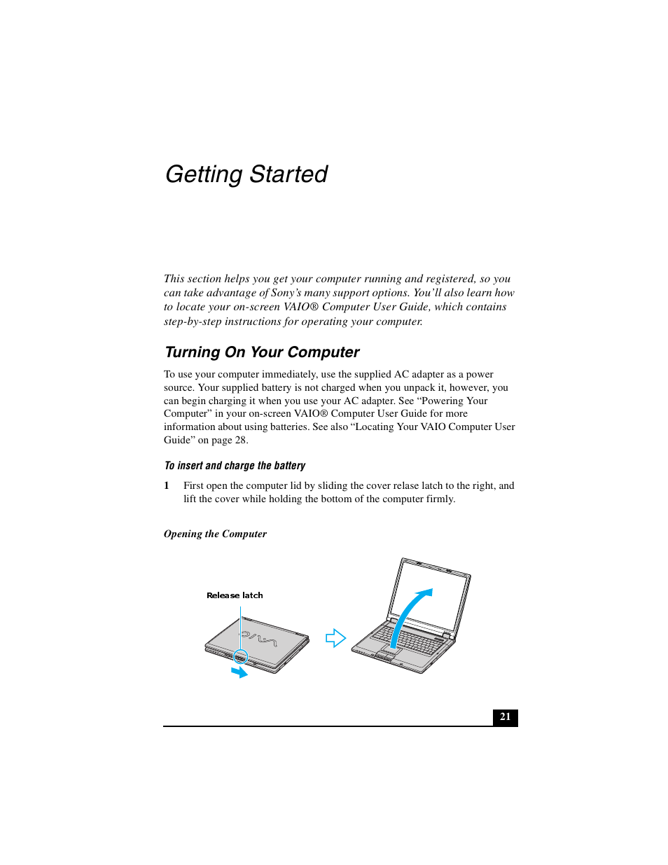 Getting started, Turning on your computer | Sony PCG-GRT250 User Manual | Page 21 / 44