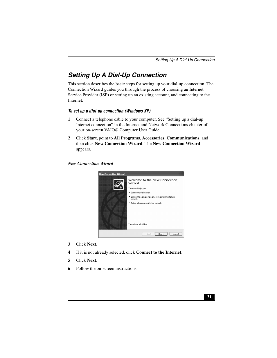 Setting up a dial-up connection | Sony PCG-GRT250 User Manual | Page 31 / 44