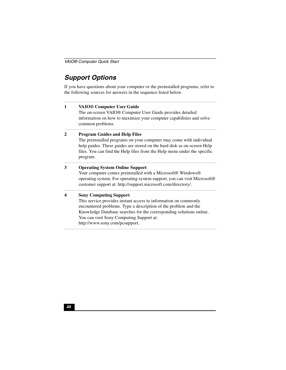 Support options | Sony PCG-GRT250 User Manual | Page 40 / 44