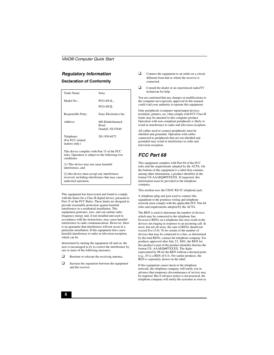 Fcc part 68, 8regulatory information | Sony PCG-GRT250 User Manual | Page 8 / 44