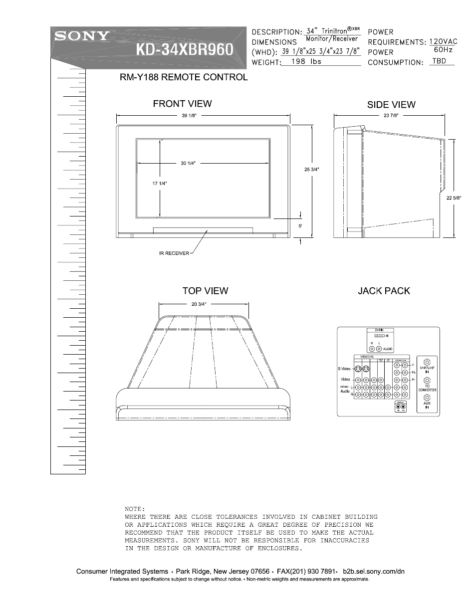 Sony KD-34XBR960 User Manual | 2 pages