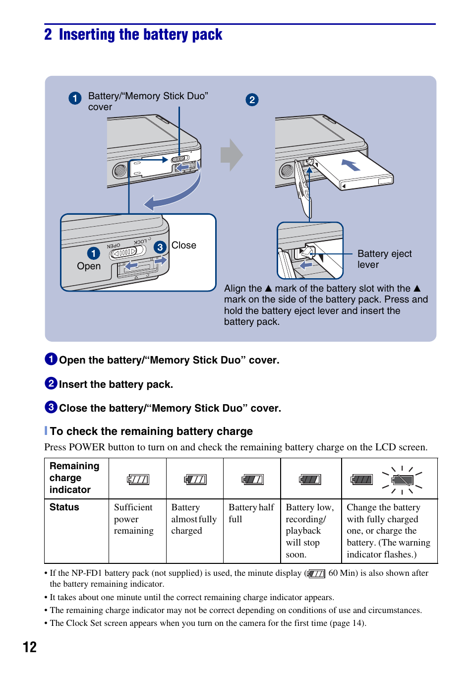 2 inserting the battery pack | Sony DSC-T2 User Manual | Page 12 / 44
