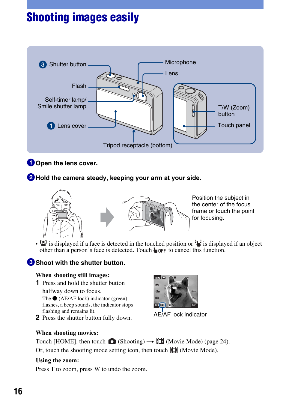 Shooting images easily | Sony DSC-T2 User Manual | Page 16 / 44